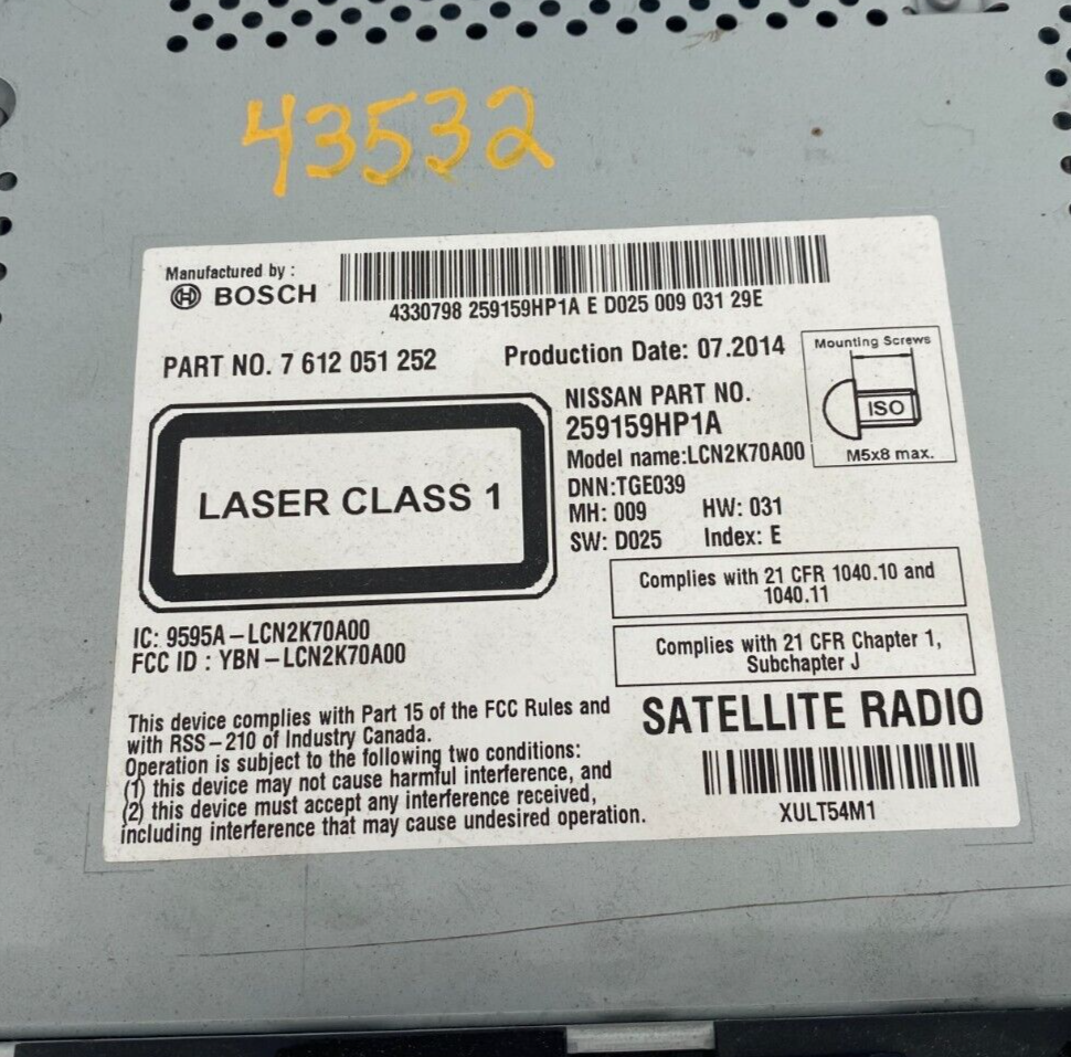 Nissan Altima Bosch CD Navigation GPS Radio OEM Powers On TESTED (25915-9HP1A)