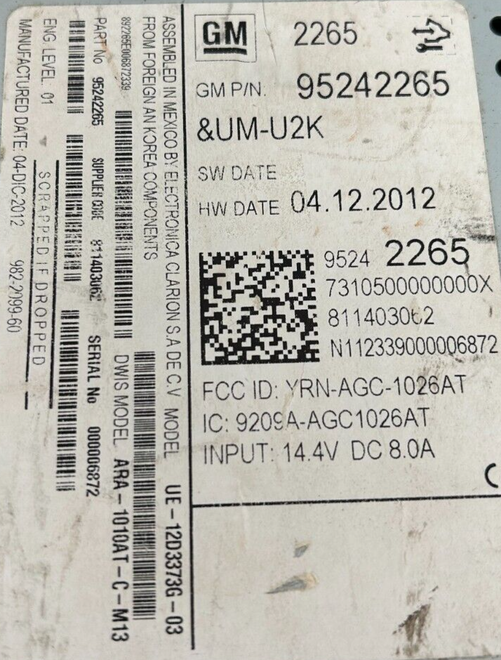 2013 2014 Chevrolet Sonic Radio Receiver Assembly OEM 95242265